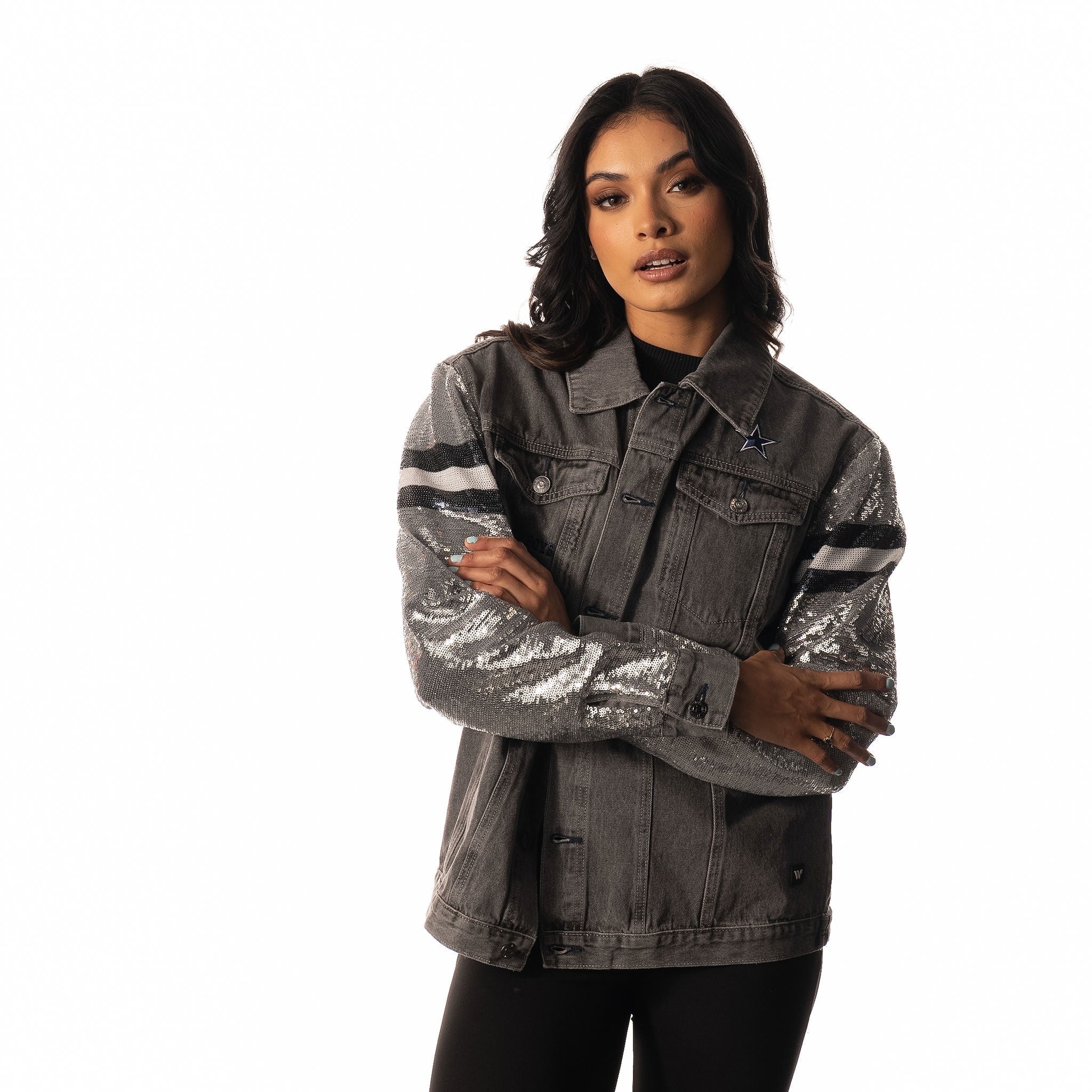 Dallas Cowboys Womens Sequin Sleeve Denim Jacket - Grey - Image 4